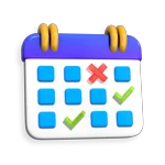 Colorful 3D calendar with green checkmarks and a red X, symbolizing mindful planning for balanced energy and flow.