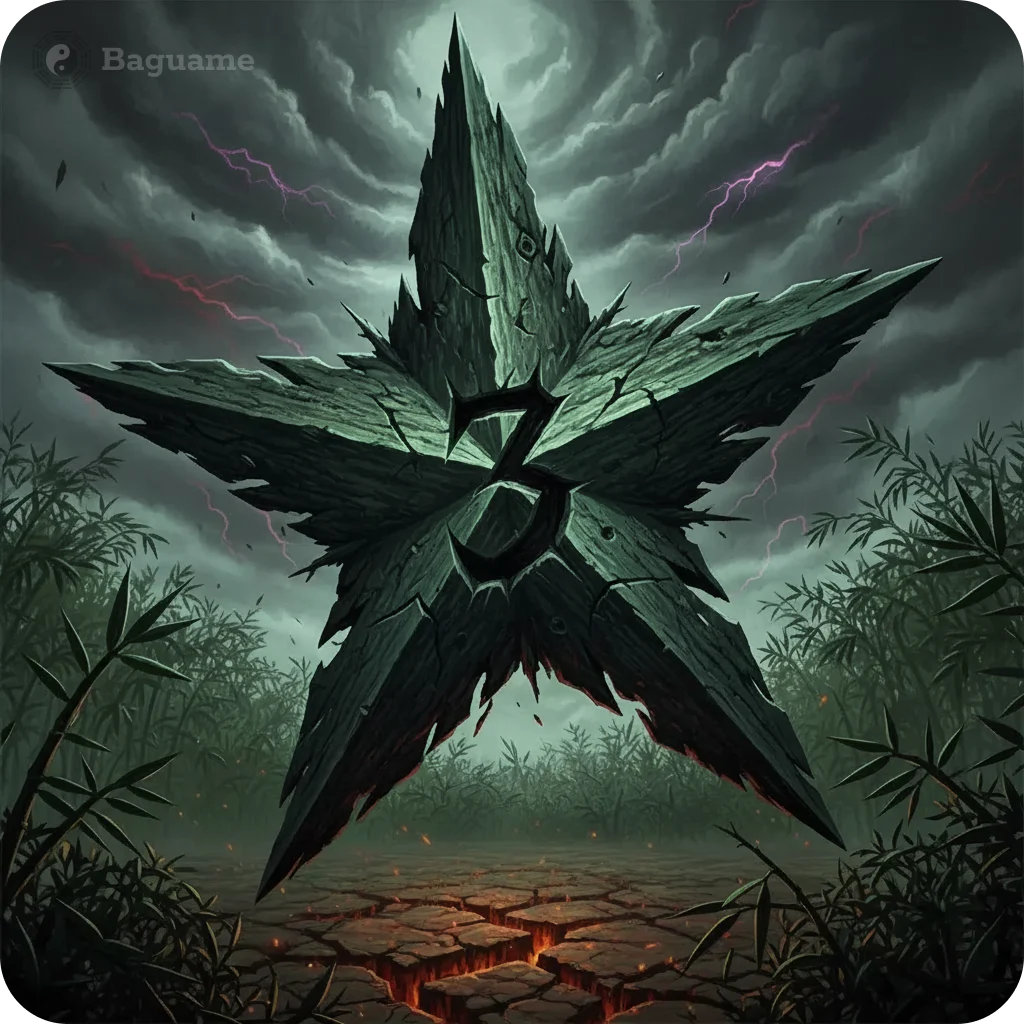 Jagged dark green stone star with number 3, stormy sky with purple lightning, cracked earth glowing red, sparse bamboo. Symbolizes challenging Flying Star energy.