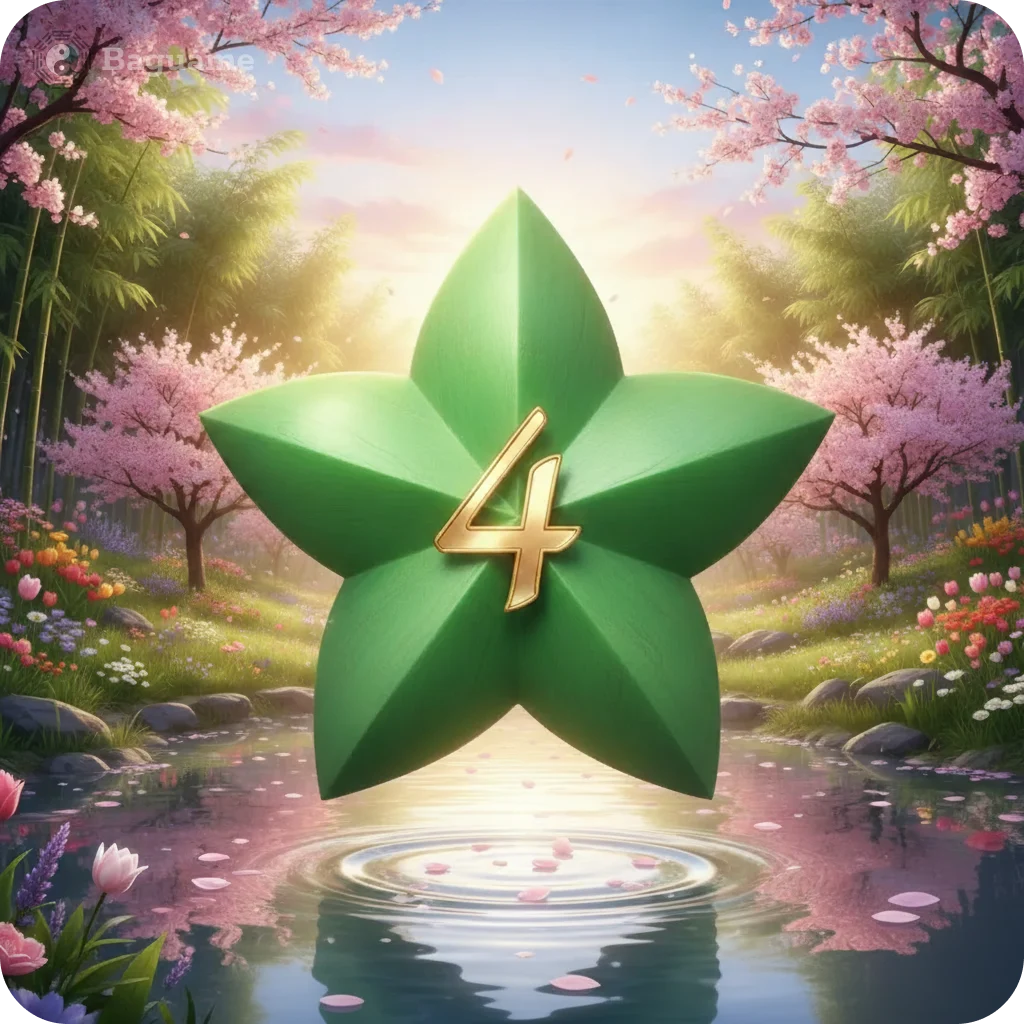 Green five-pointed star with golden number 4 floating over water in a serene cherry blossom garden, representing Flying Star Feng Shui.