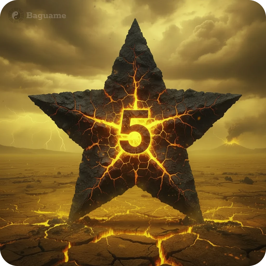 Cracked black star with glowing orange number 5, stormy yellow sky, lightning, and volcano, symbolizing the Five Yellow Flying Star's challenging energy.