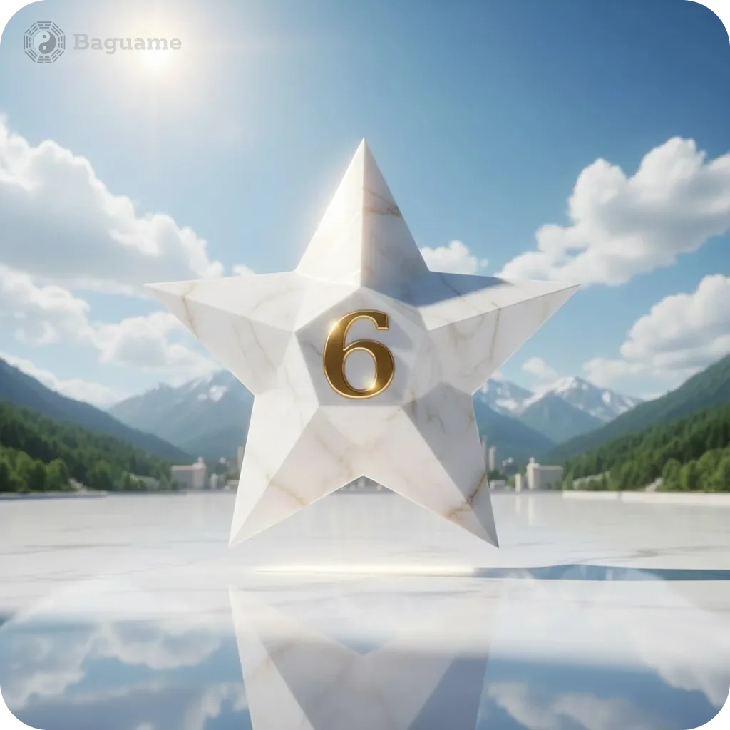 A gleaming white marble star with a golden number 6, floating above a reflective surface, set against a vibrant blue sky and majestic mountains, symbolizing a Flying Star in Feng Shui.