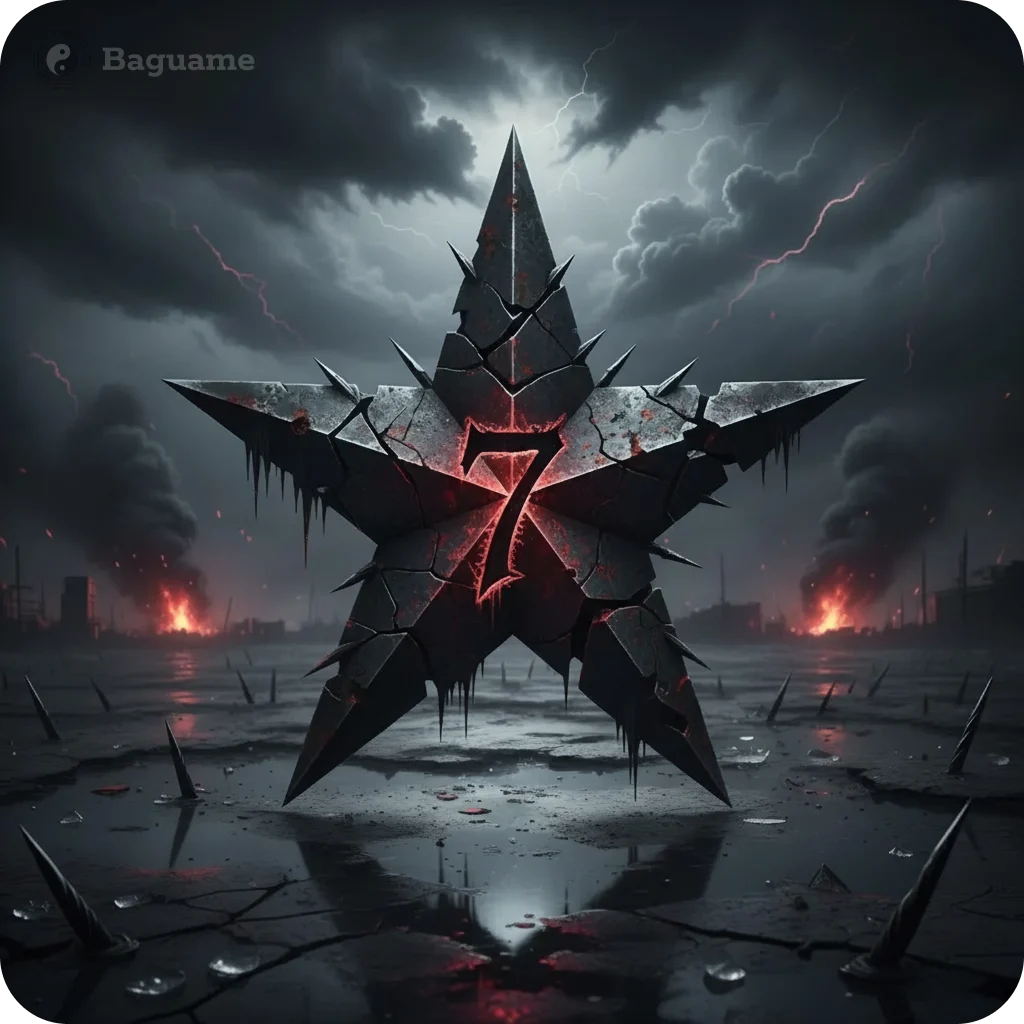 Dark, cracked, spiky star with glowing red number 7 amidst stormy skies and fires, symbolizing challenging Flying Star energy.
