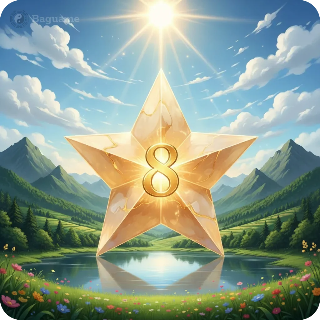 Golden star with number 8 glowing over a serene lake, green mountains, and wildflowers under a sunny sky, symbolizing prosperity and Flying Stars Feng Shui.