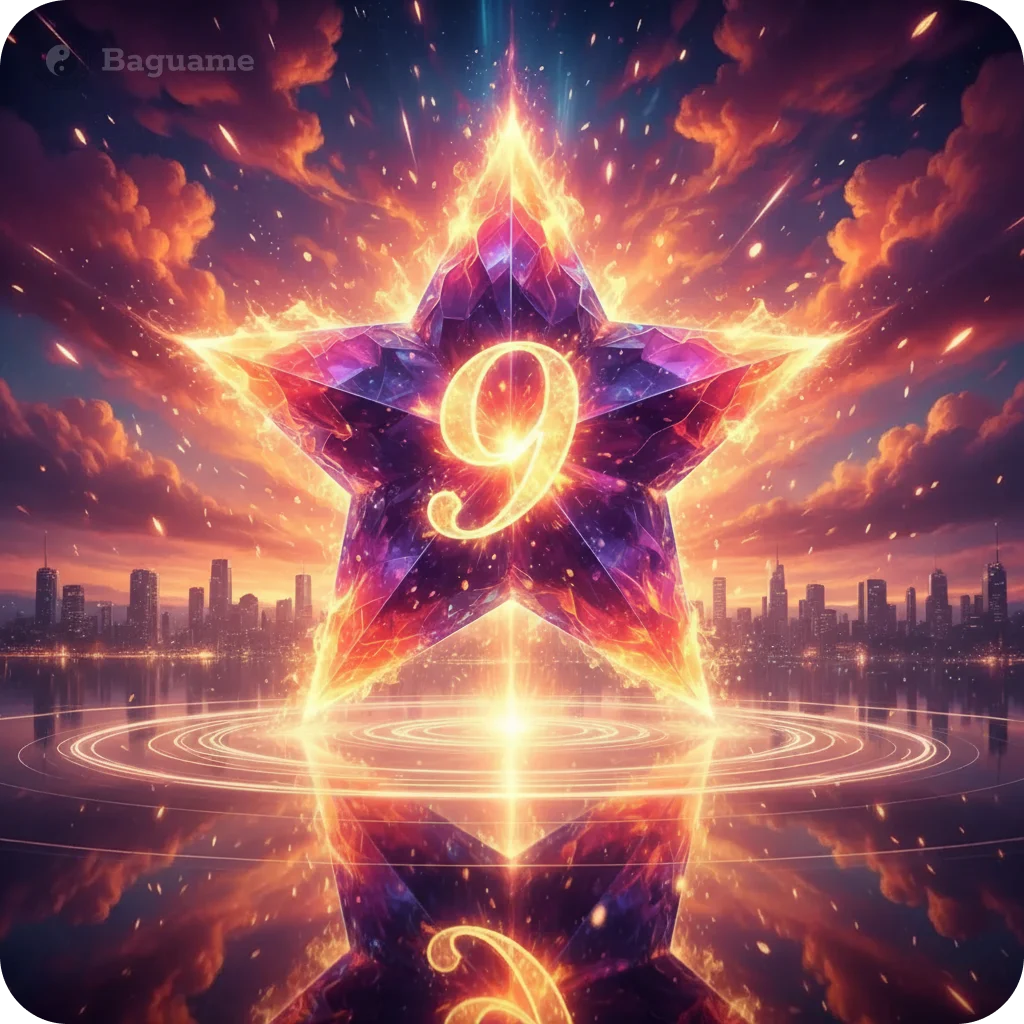 A vibrant purple and orange glowing star with number 9, representing Flying Stars Feng Shui energy, over a city skyline.