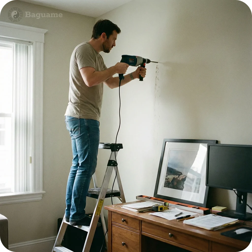 Avoid drilling in Tai Sui sectors for good Feng Shui Man drilling into a light wall on a ladder, an activity to avoid in Tai Sui or afflicted Feng Shui sectors