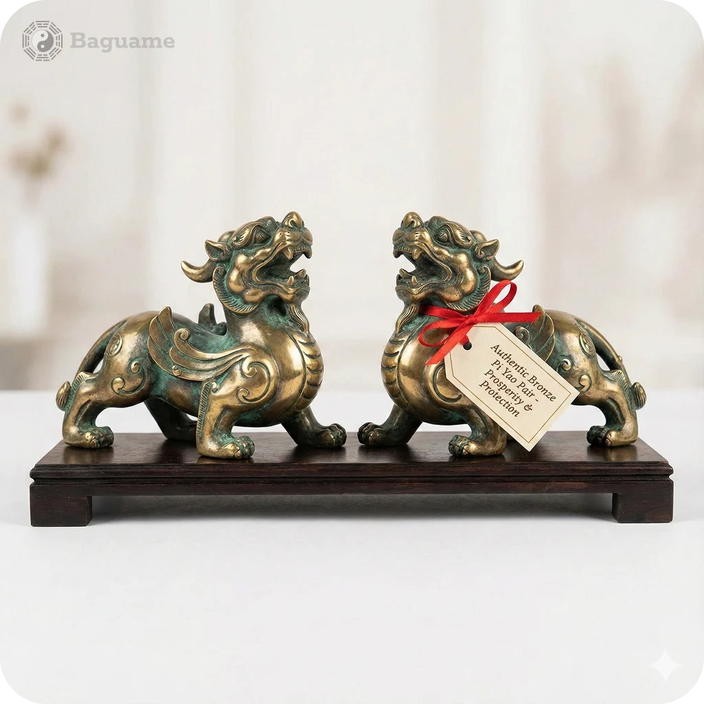 Feng Shui Pi Yao for Protection Against Tai Sui Pair of greenish bronze Pi Yao statues on a dark wood stand, symbolizing Feng Shui protection and wealth.