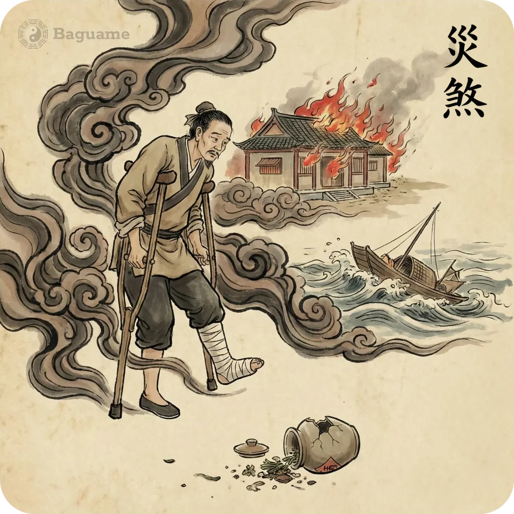 San Sha: Visualizing the Three Killings' Negative Impact Illustration of San Sha's negative impact: a man on crutches, a burning house, a sinking boat, and a broken pot, surrounded by dark gray smoke.