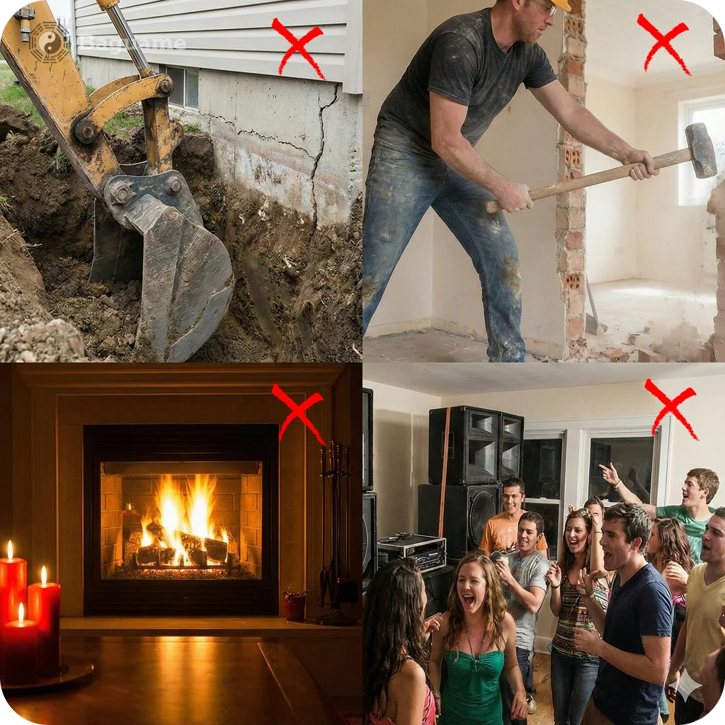 Red X over excavation, demolition, fireplace, and loud party, illustrating activities to avoid to prevent activating the 5 Yellow Star's malicious energy.