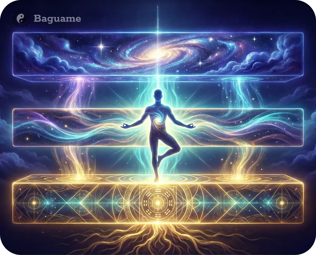 Cosmic Connection to Your Kua Number Glowing figure in tree pose, connecting cosmic blue and purple energy to golden geometric Bagua patterns, symbolizing Kua number alignment.