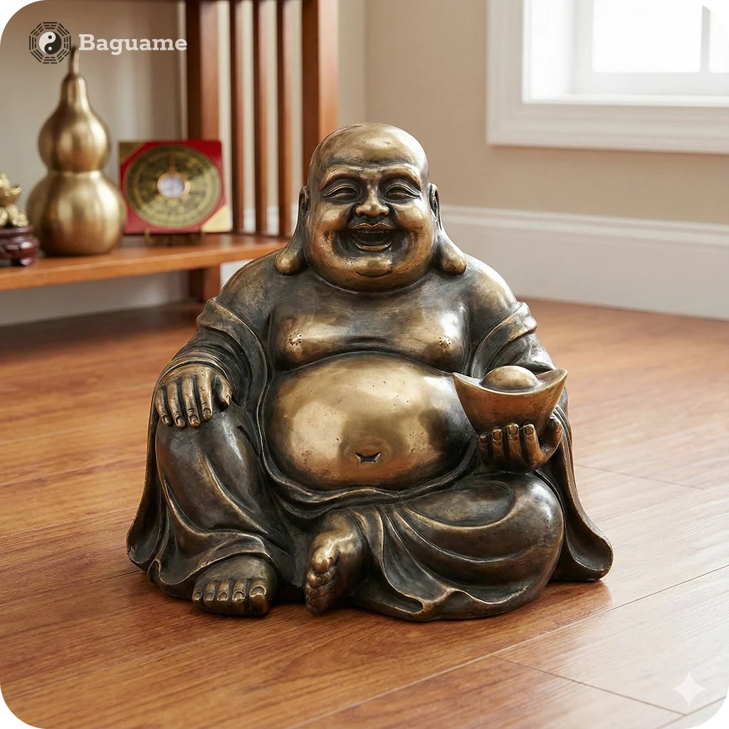 Bronze laughing Buddha with gold ingot, brass wu lou gourd, and Feng Shui luo pan compass, used to cure the 5 Yellow malignant energy.