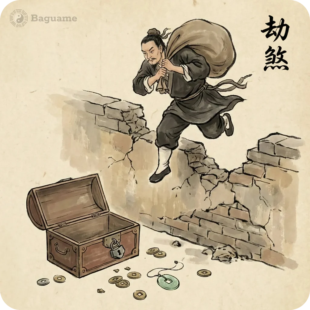 San Sha: The Three Killings Causing Financial Loss Chinese illustration of a man jumping over a broken wall with a sack, an empty chest, and scattered coins, symbolizing San Sha's financial loss.