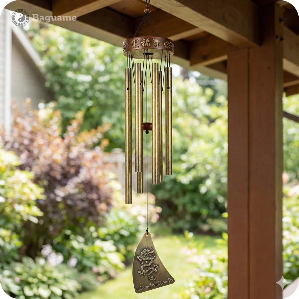 Bronze metal wind chime with a dragon sail, hanging from a wooden porch, a Feng Shui cure for the 5 Yellow Star.