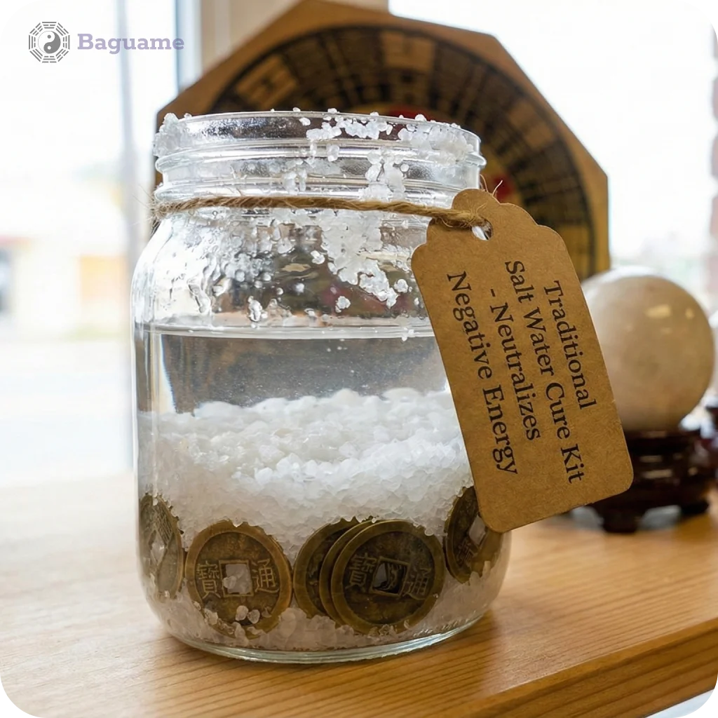Traditional Feng Shui salt water cure in a glass jar with white salt, water, and bronze Chinese coins, neutralizing the 5 Yellow.