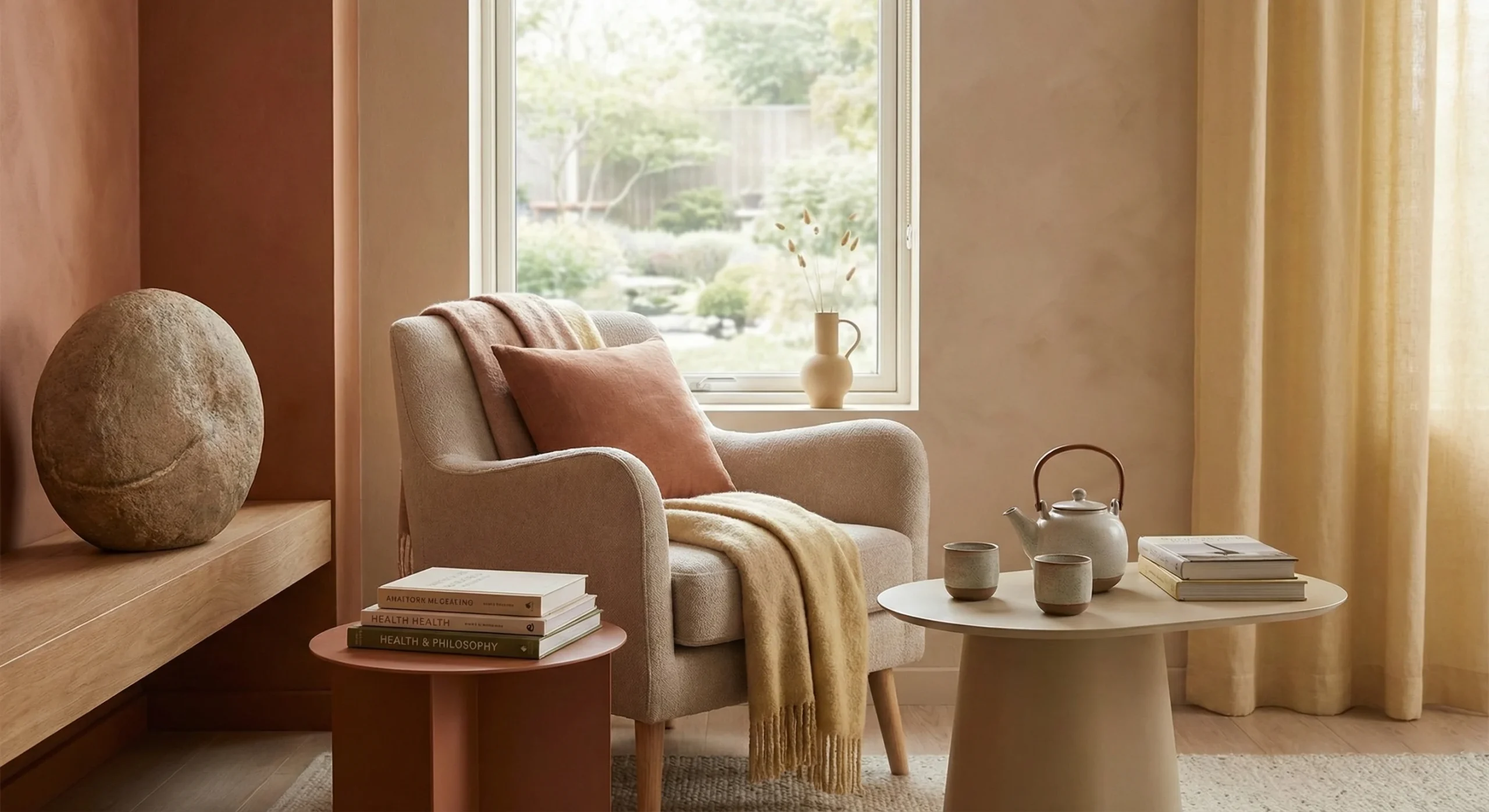 Earthy toned Feng Shui living room with natural light, cozy armchair, tea set, books, and stone, promoting harmonious chi.