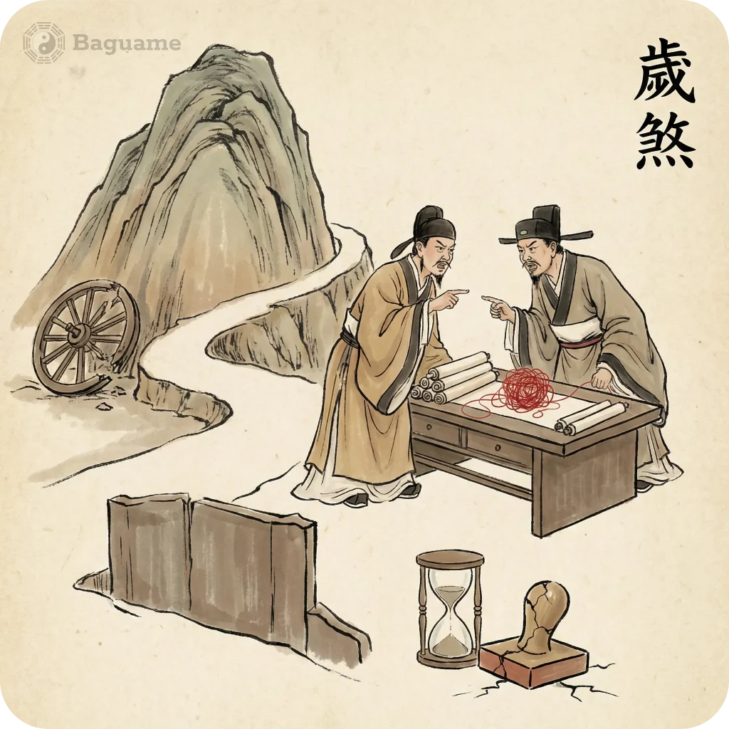 Visualizing San Sha: Annual Afflictions and Disruptive Energy Two ancient Chinese scholars argue over a tangled red string, with broken wheel, wall, hourglass, and seal, symbolizing San Sha's disruptive energy.