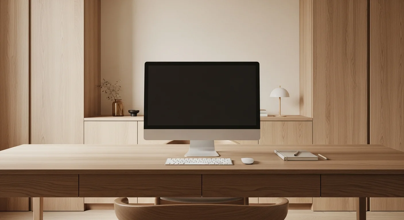 Uncluttered wooden desk, monitor, minimalist office for productivity.