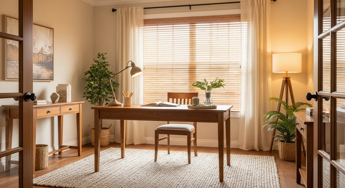 Feng Shui home office: wooden desk, diagonal, doorway view.