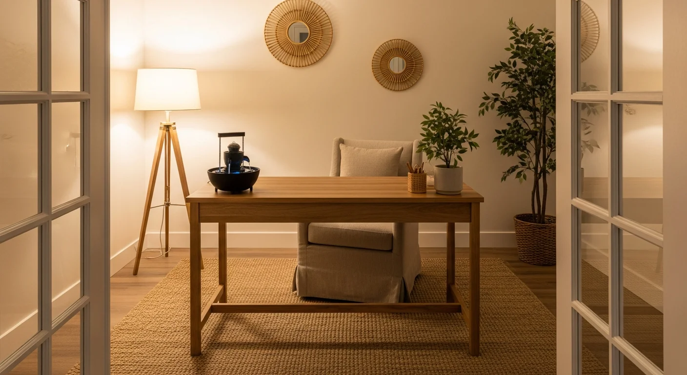 Multi-Sensory Wellness home office layout with wooden desk.