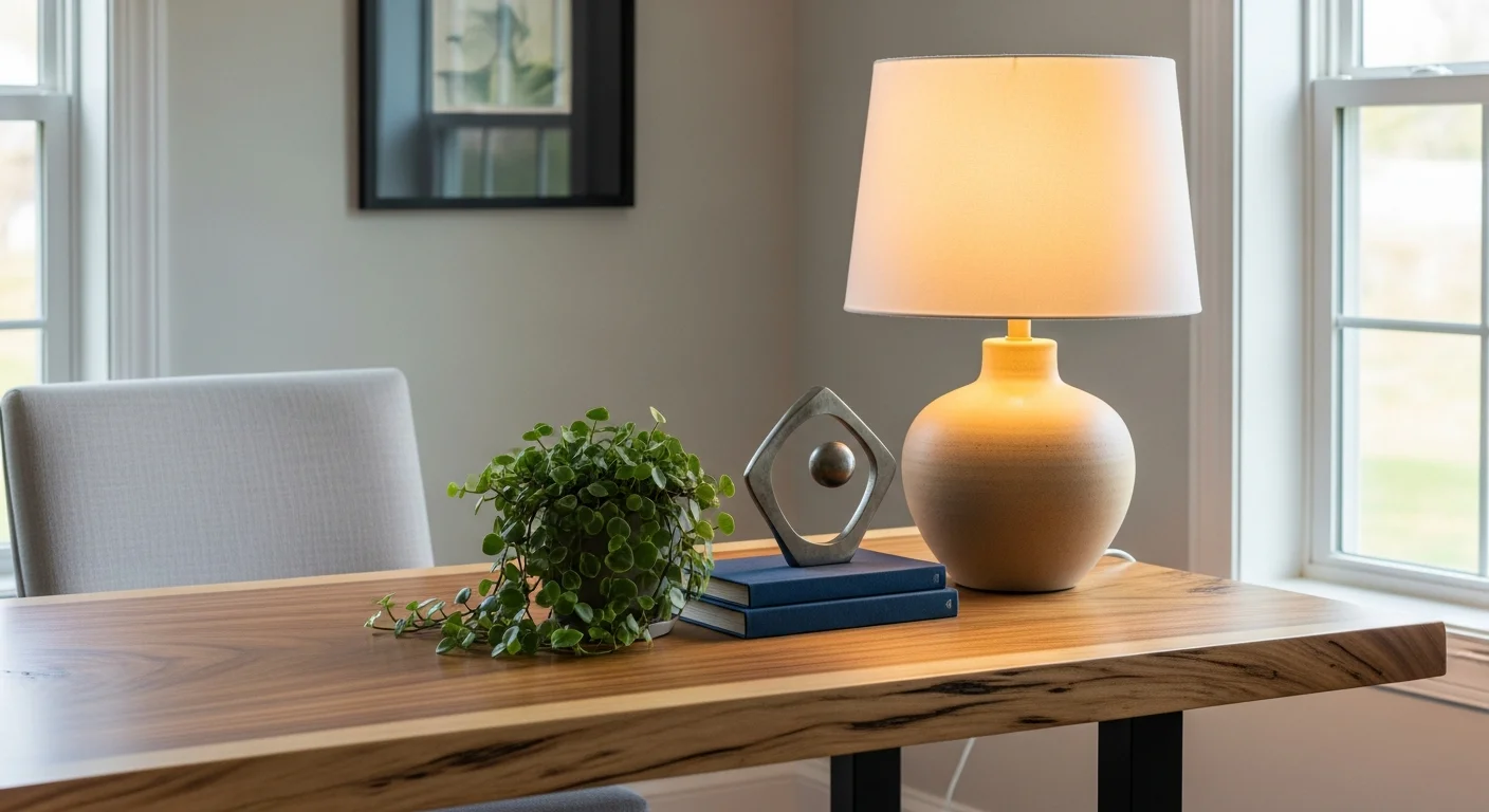 Home office with wooden desk, green plant, soft light.