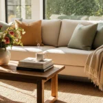Harmonious living room with cream sofa, wooden table, colorful flowers, green pillows, and natural light, reflecting balanced Feng Shui elements.