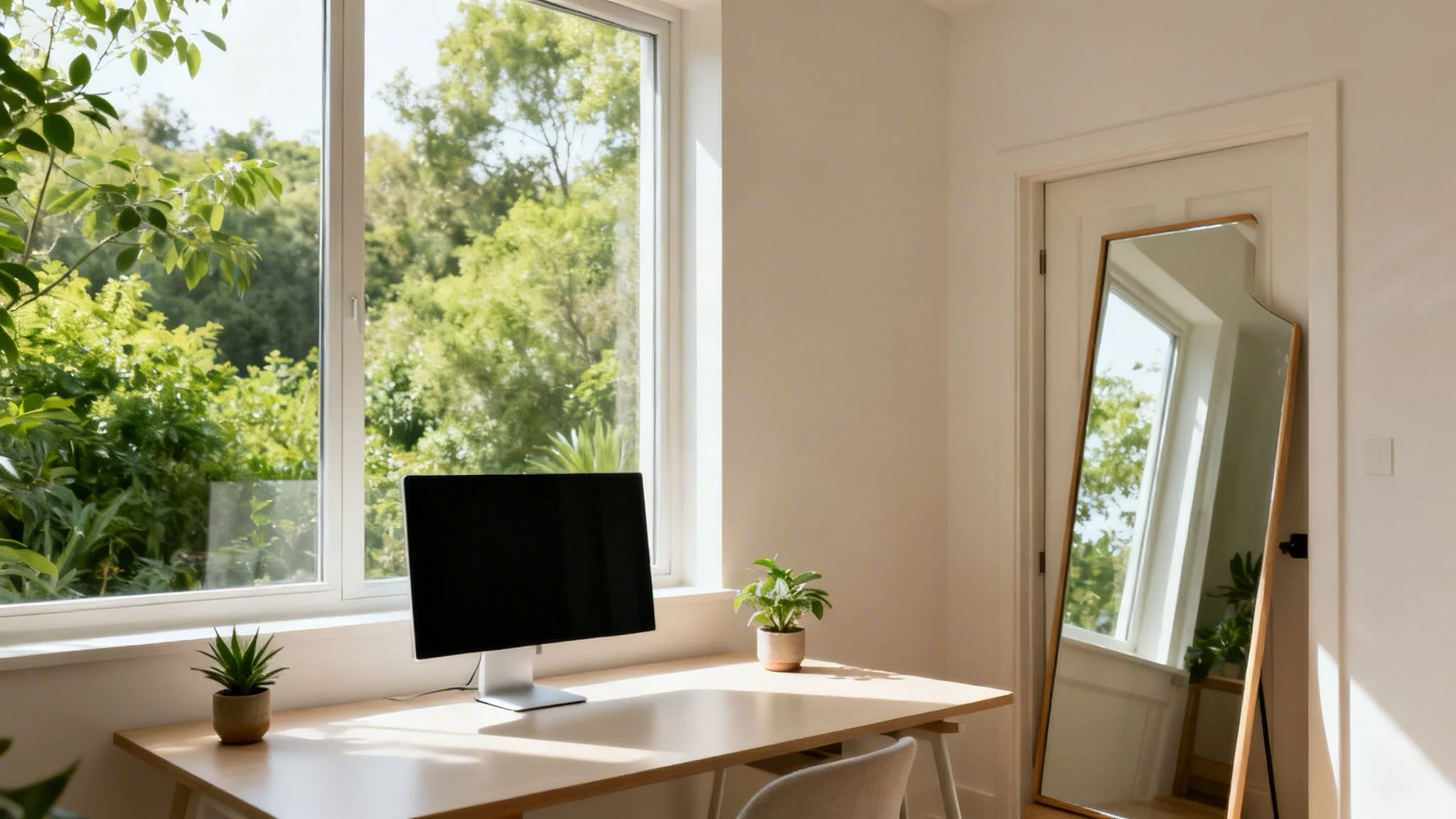 Bright home office with a wooden desk, computer, plants, and a large window overlooking green trees.