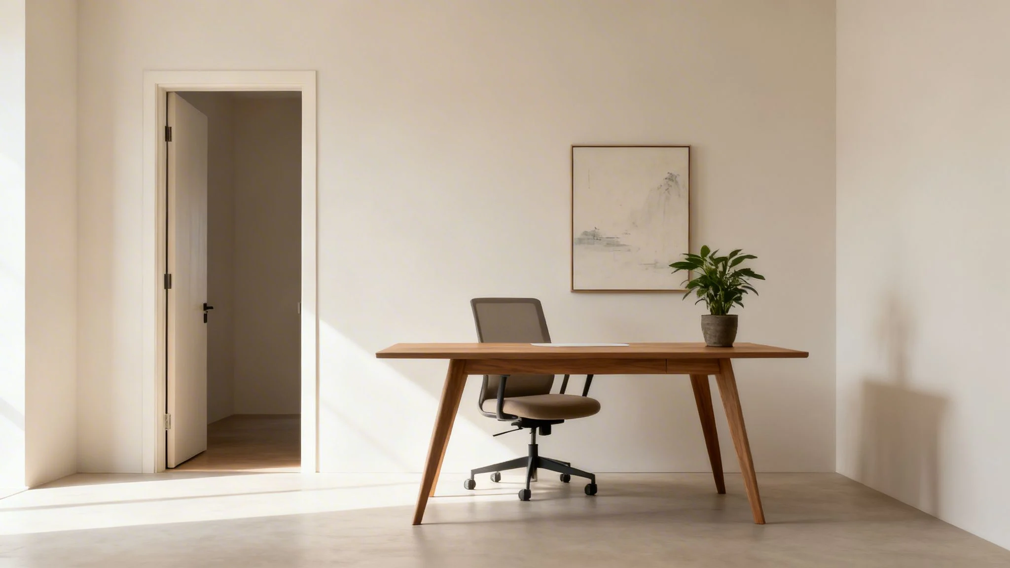 A modern home office with an adjustable standing desk on one side and a comfortable sitting area with a laptop on the other.