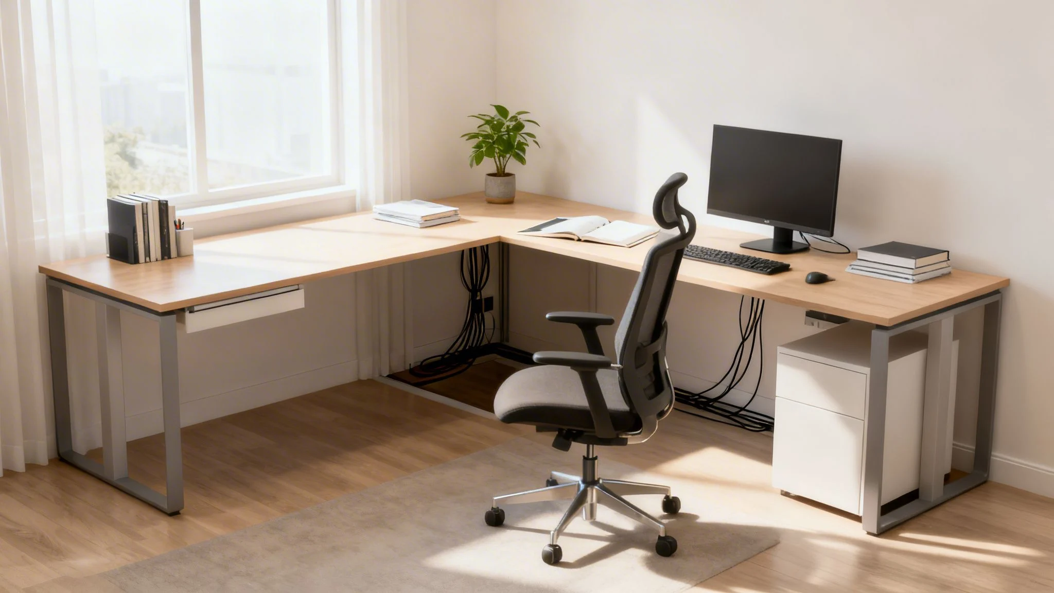 Corner home office with light wood L-shaped desk, ergonomic chair, monitor, and books by a bright window.