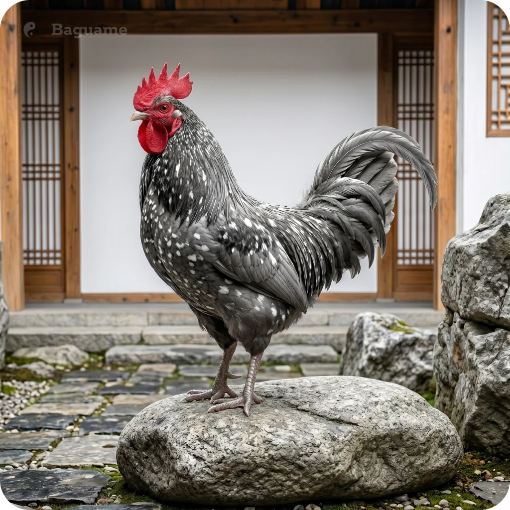 Majestic Rooster Symbolizing Protection and Prosperity Grey and white speckled rooster with red comb on a rock in a traditional Chinese garden, symbolizing protection and good fortune.