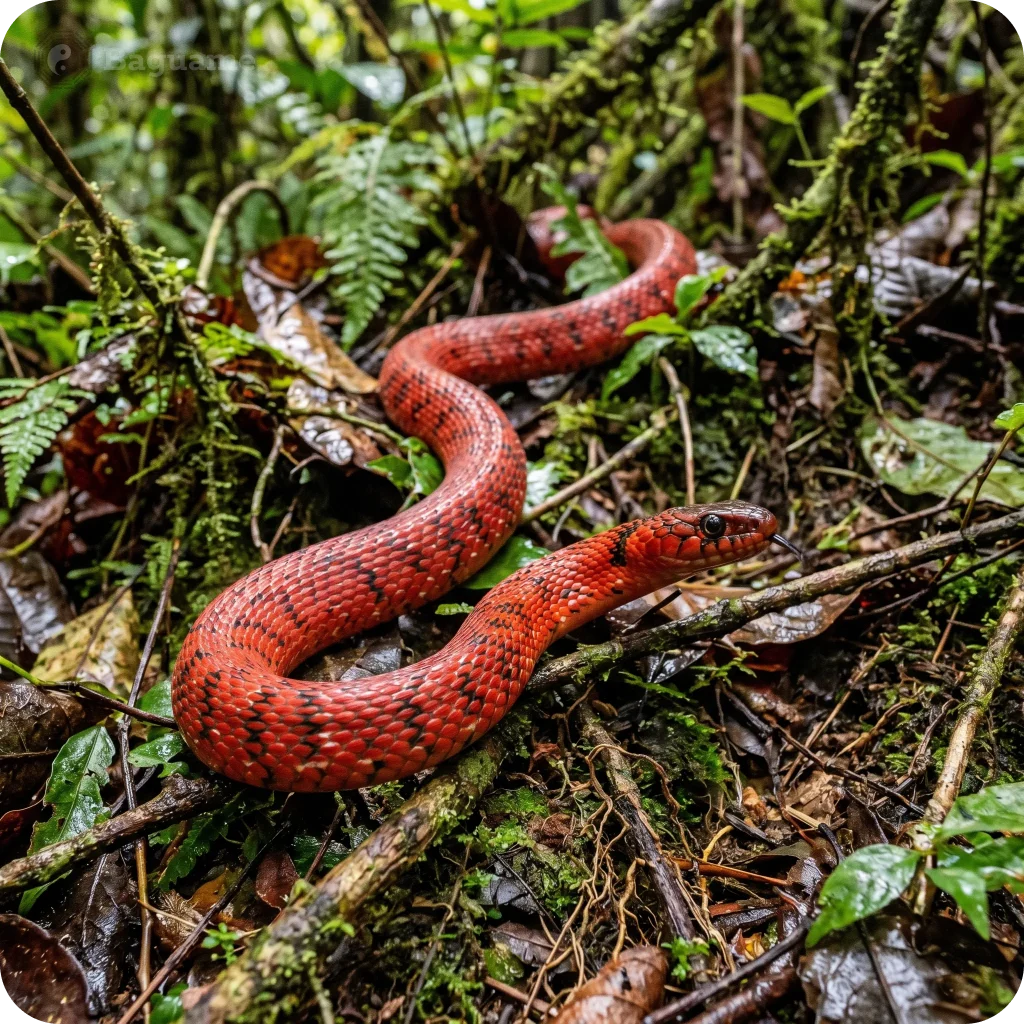 Red and black patterned snake on a vibrant green mossy forest floor, embodying Fire, Wood, and Earth elements.