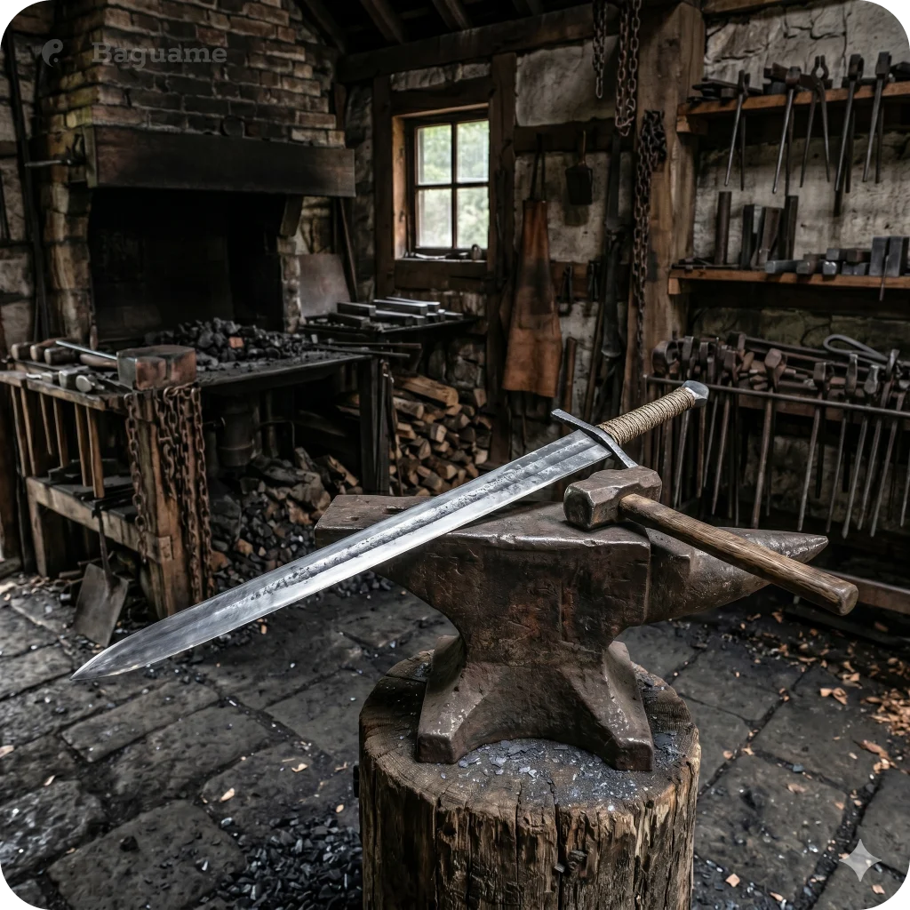 Forging Your Destiny: The Metal Element in BaZi Dark rustic forge with a gleaming metal sword and hammer on an anvil, representing the Metal element and shaping destiny.