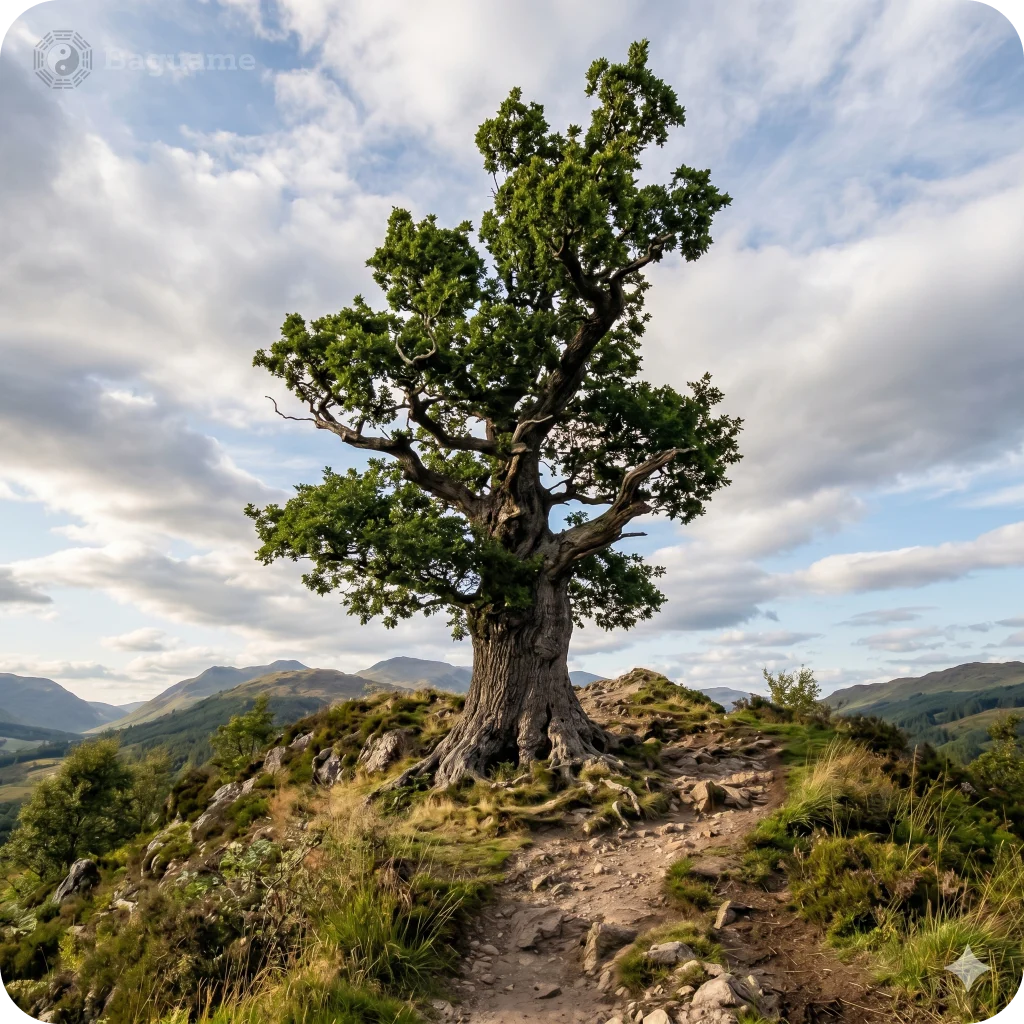 BaZi Wood Element: Strength and Roots of Destiny A strong, ancient green tree with exposed roots on a rocky hill, symbolizing the Wood element and stability in a BaZi chart.