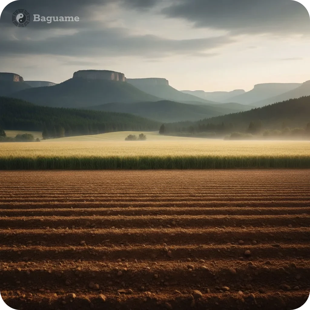 BaZi Elements: Earth, Wood, and Metal in Nature Vast landscape with brown tilled earth, golden wheat, green forests, and misty mountains under a dramatic sky.