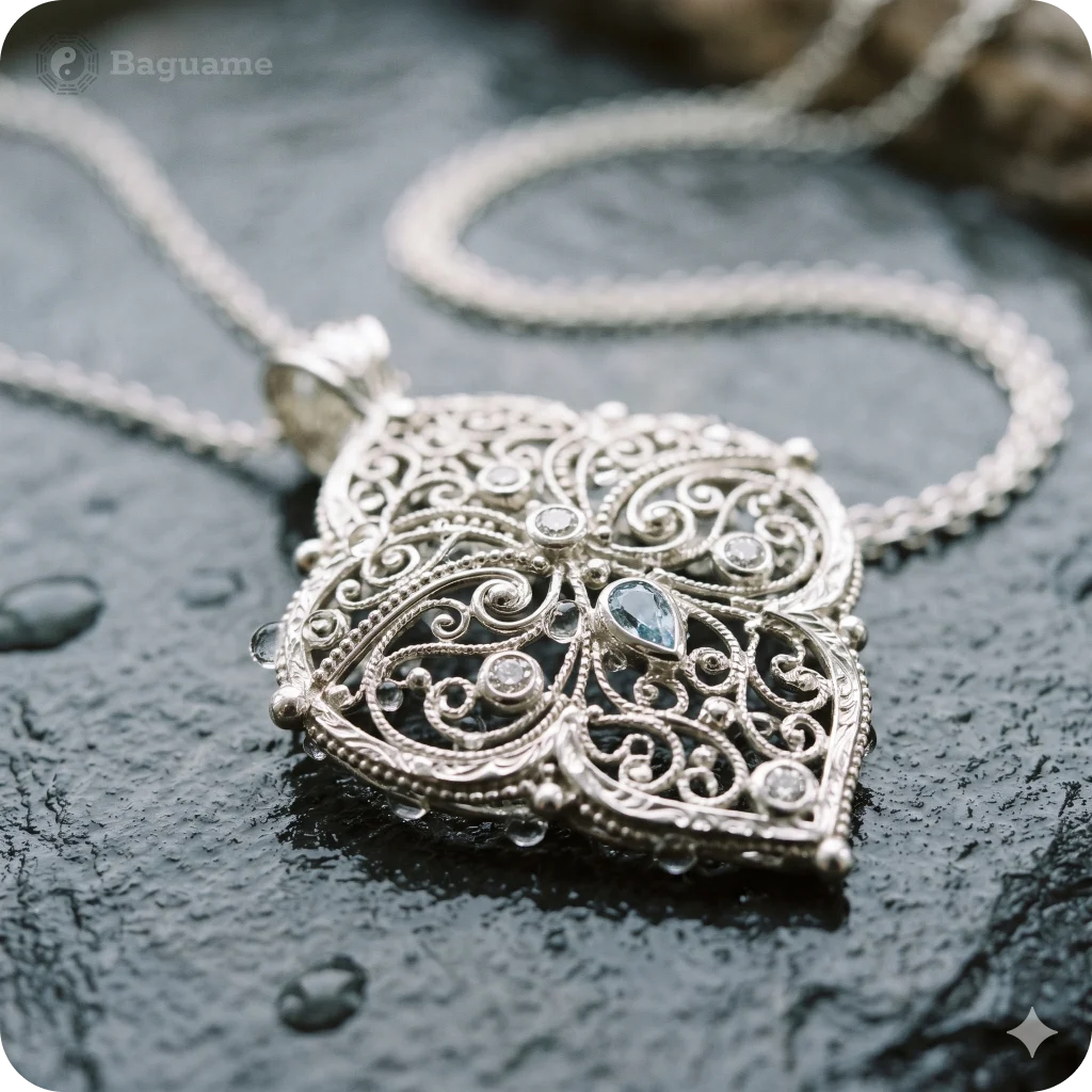 BaZi Balance: Silver Pendant with Water Element Gemstone Intricate silver filigree pendant featuring a blue gemstone, reflecting Metal and Water elements for BaZi harmony.
