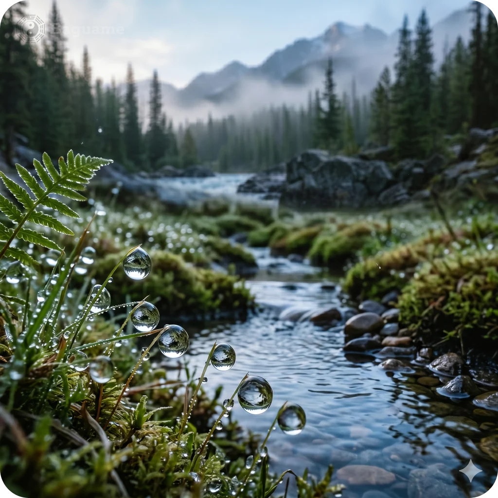 Lush green grass and moss with sparkling dewdrops by a clear Lush green grass and moss with sparkling dewdrops by a clear mountain stream, surrounded by pine trees and misty peaks, representing harmonious Water, Wood, and Earth elements.
