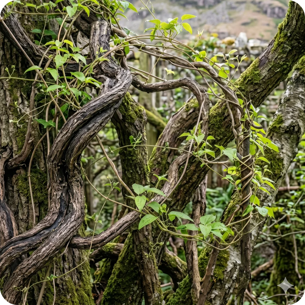 Vibrant Wood Element Energy for BaZi Understanding Intertwined tree trunks and vibrant green vines with moss, reflecting the dynamic Wood element in BaZi.